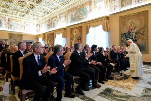 Pope Francis meets with winegrowers, winemakers and others taking part in an event organized by Vinitaly -- an international wine and spirits exhibition held in Verona, Italy, every year for industry professionals at the Vatican, Jan. 22, 2024.