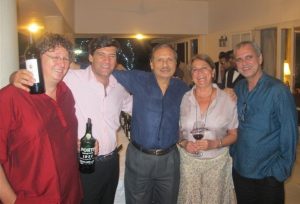 Dirk (holding a bottle of Port 1937) and Miguel with Subhash and the Ambassador with his wife Maria 