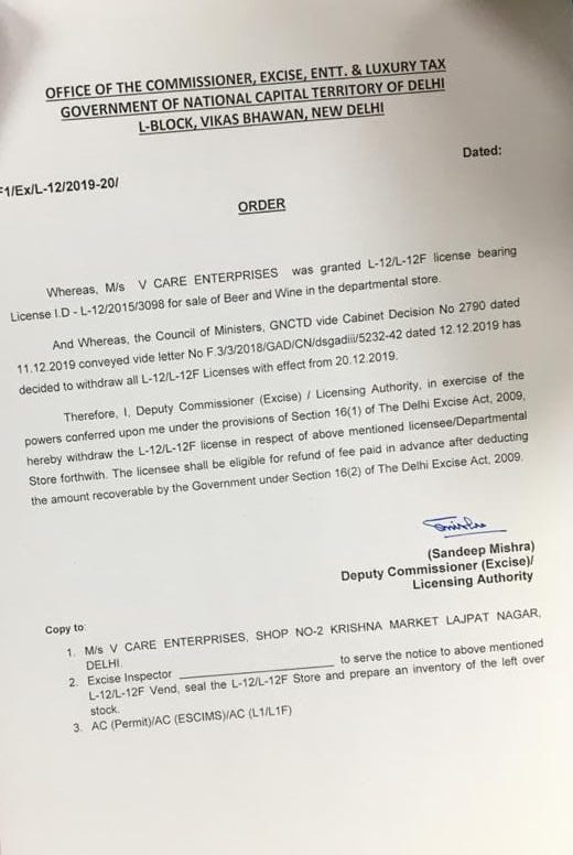 Delhi Excise cancels all L-12 Licenses for Department Stores